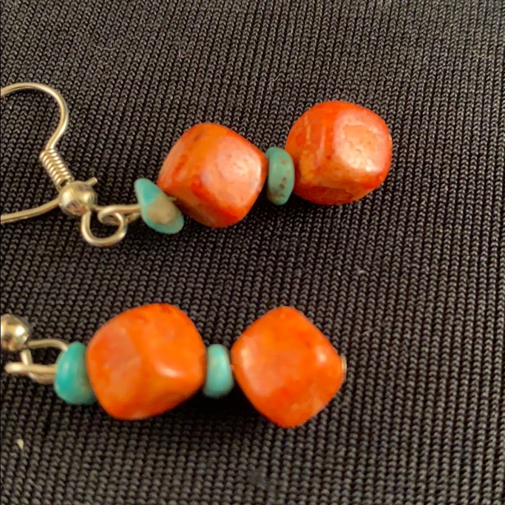 Santa Domingo turquoise and apple coral earrings - Picture 3 of 4